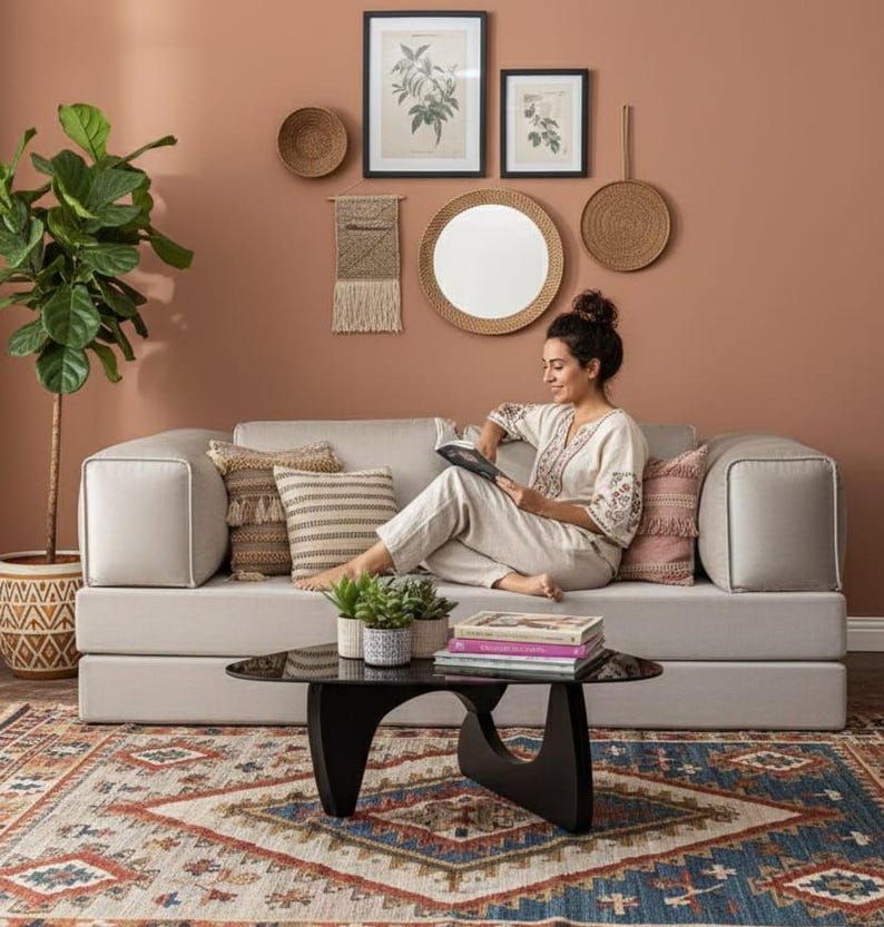 Puede incluir: Un sal&oacute;n con un sof&aacute; gris claro con cojines decorativos, una mesa de centro negra y una alfombra estampada. La pared est&aacute; adornada con estampas bot&aacute;nicas enmarcadas y objetos tejidos. Una planta en maceta a&ntilde;ade un toque de vegetaci&oacute;n.