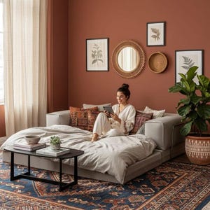 Puede incluir: Una acogedora sala de estar con un sof&aacute; modular gris, una mesa de centro baja negra y una alfombra estampada. La habitaci&oacute;n presenta una pared de color terracota con estampados bot&aacute;nicos enmarcados y un espejo redondo. Una mujer est&aacute; sentada en el sof&aacute;.