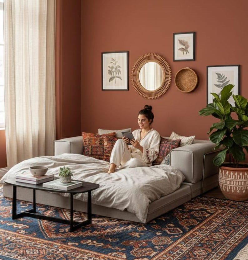 Puede incluir: Una acogedora sala de estar con un sof&aacute; modular gris, una mesa de centro baja negra y una alfombra estampada. La habitaci&oacute;n presenta una pared de color terracota con estampados bot&aacute;nicos enmarcados y un espejo redondo. Una mujer est&aacute; sentada en el sof&aacute;.