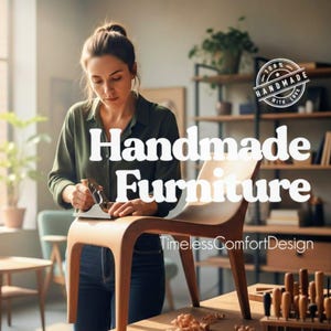 Puede incluir: Una persona trabaja en una silla de madera con un cepillo. La imagen muestra el texto "Handmade Furniture" y "Timeless Comfort Design". Un sello "100% Handmade with Love" es visible. La silla es de madera marr&oacute;n claro.