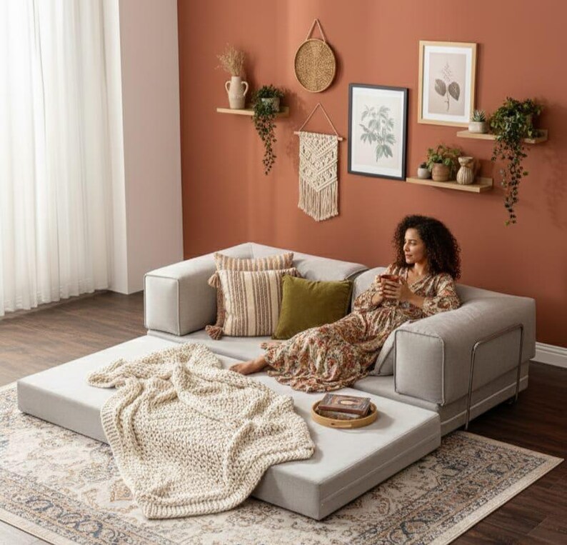 Puede incluir: Un sof&aacute; modular gris claro con una manta de punto color crema. Cojines decorativos en tonos neutros y una peque&ntilde;a bandeja de madera con un libro est&aacute;n en el sof&aacute;. El fondo presenta arte mural y plantas.