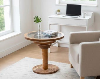 Handmade Modern Wood & Glass Side Table – Round Rustic Brown End Table – Elegant Accent Coffee Table for Living Room Decor