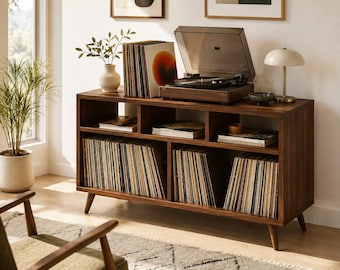 Record Player Stand with Vinyl Storage, Mid Century Modern Turntable Stand, LP Record Cabinet, Wooden Media Console, Vinyl Organizer