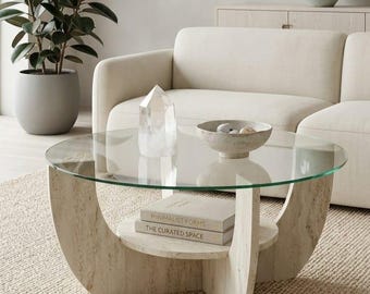 Runder Glas Couchtisch, eleganter Travertin-Musterholz MDF, moderne Wohnzimmermöbel, minimalistisches Design, langlebiger und ästhetischer Tisch