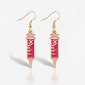 Pink Enamel Syringe Dangle Earrings - 925 Sterling Silver Hooks