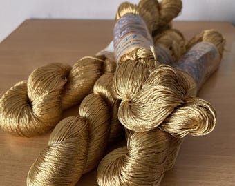 Gold Viscose Rayon Silk Satin Thread for Crochet & Knitting, Thin Shiny Embroidery Craft Yarn, Summer Accessories Hank – 546 Yards