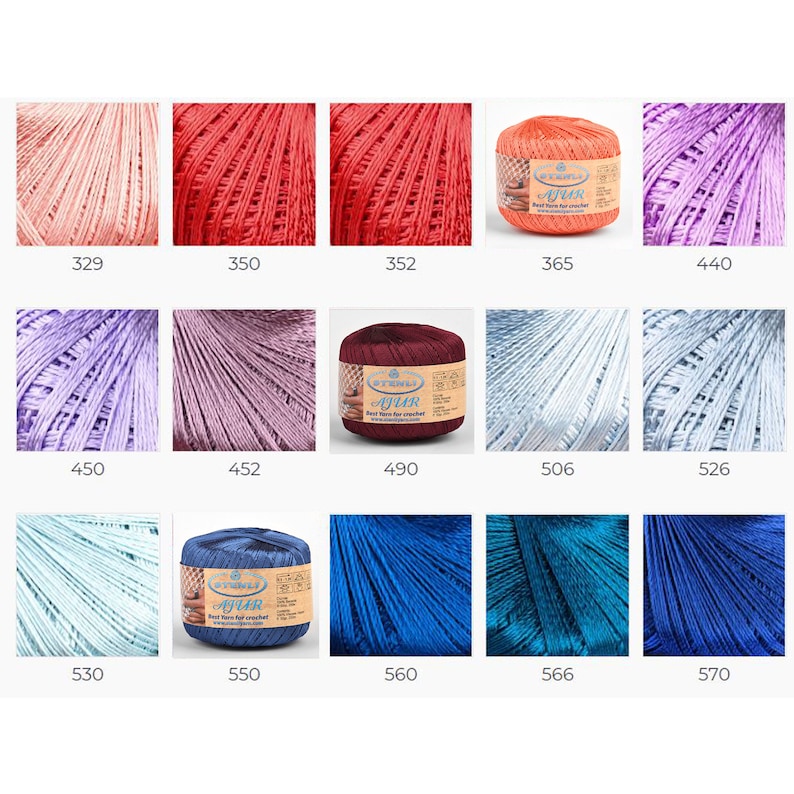 May include: A collection of yarn balls in various colors, including pink, red, purple, blue, and white. The yarn balls are labeled with numbers, such as 329, 350, 352, 365, 440, 450, 452, 490, 506, 526, 530, 550, 560, 566, and 570. The yarn is labeled "AJAR" and "TENES".