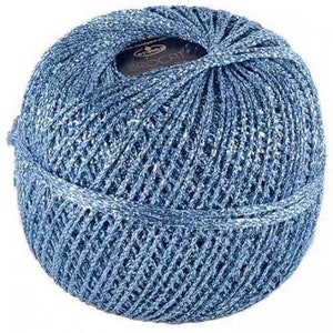 May include: A spherical ball of metallic blue yarn with a shimmering, reflective texture. The yarn is wound tightly, and a dark circular label is visible at the top center with the text Procat printed in a light, readable font on the surface.