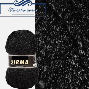 Filato glitterato nero con fiocco metallico, lurex sparkle, maglia per uncinetto, gomitolo di lana