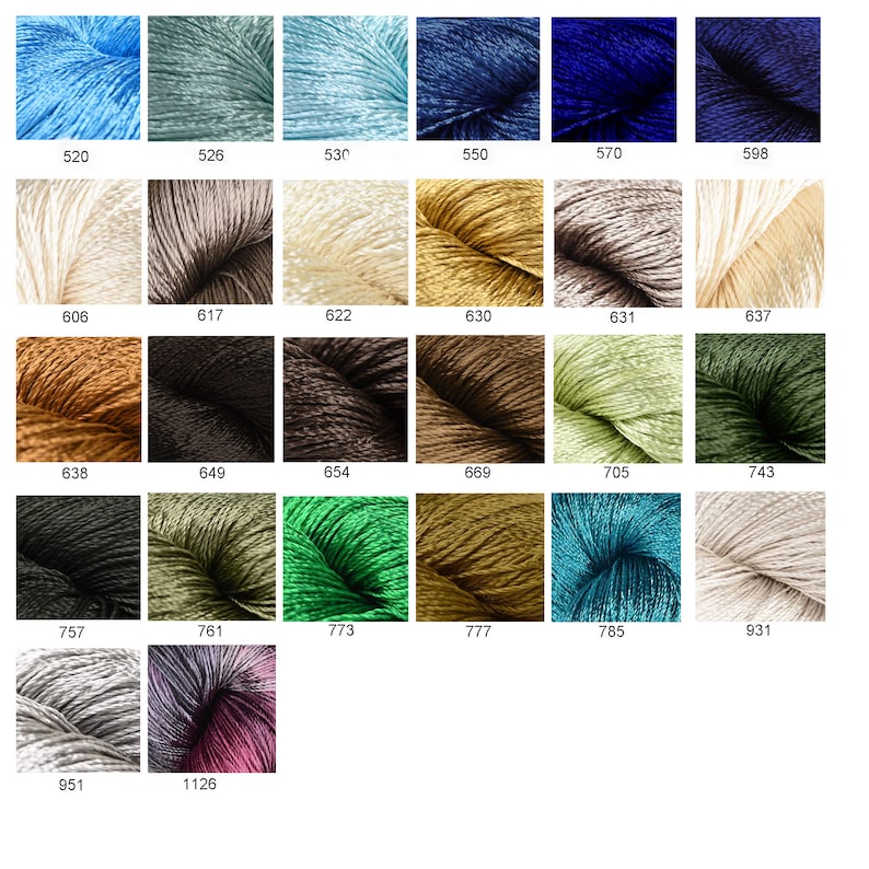 May include: A color chart of yarn samples, showing a variety of colors and textures. The yarn samples are arranged in rows and columns, with each sample labeled with a number.