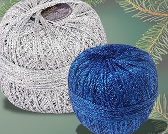 Metallic Yarns Duo, Silver and Deep Navy Blue Lurex Set for Christmas Crochet Holiday Decorations, Knitting and DIY Crafts (2x382 yards)