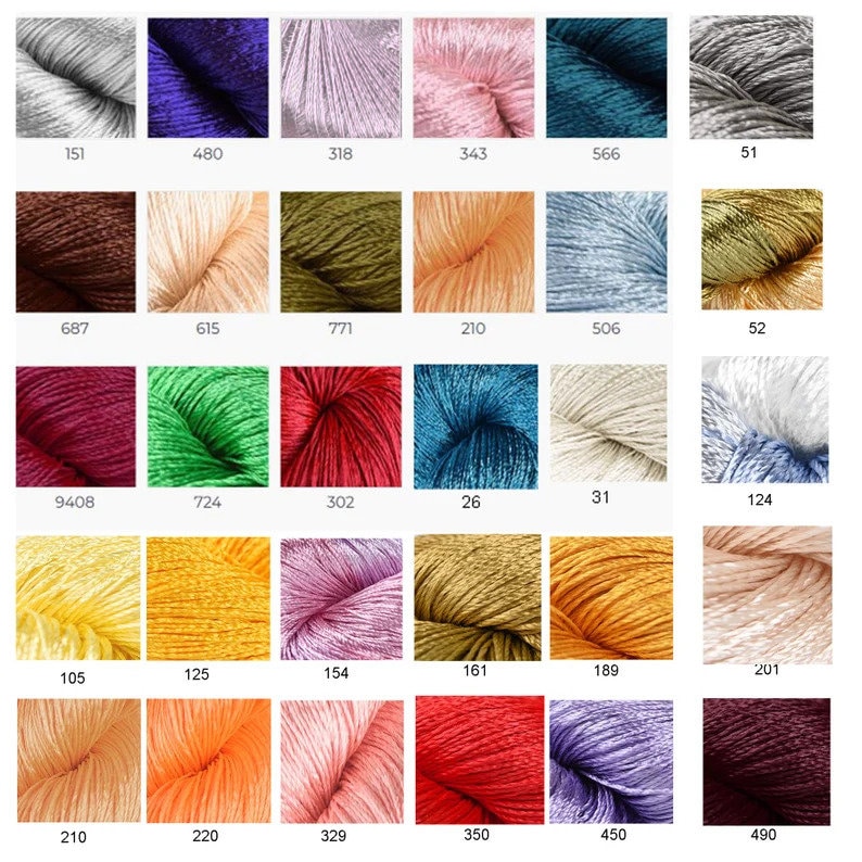 May include: A color chart of 36 different shades of yarn. The yarn is arranged in a grid of six rows and six columns. The colors range from light to dark, and from cool to warm.