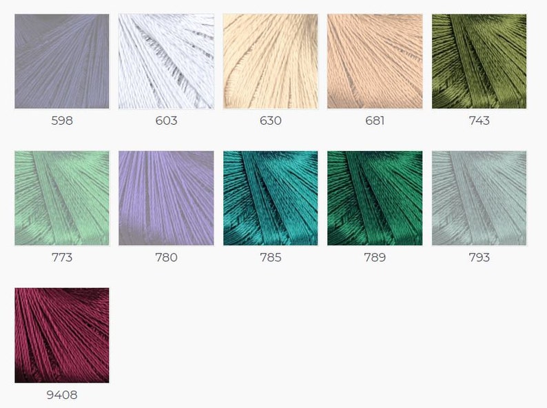 May include: A collection of embroidery floss spools in various colors, including light blue, white, beige, light pink, green, light green, purple, teal, dark green, gray, and burgundy.