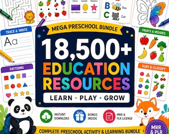 18,500+ Educational Kids Resources Bundle, Kids Learning Bundle, DFY Digital Product Bundle, PLR Master Resell Rights, Classroom Activities
