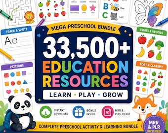 33,500+ Educational Kids Resources Bundle, Kids Learning Bundle, DFY Digital Product Bundle, PLR Master Resell Rights, Classroom Activities