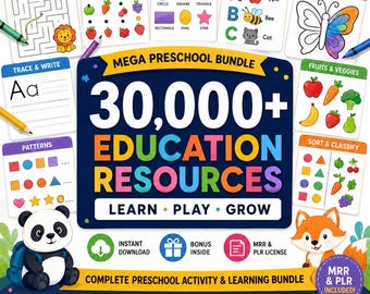 30,000+ Educational Kids Resources Bundle, Kids Learning Bundle, DFY Digital Product Bundle, PLR Master Resell Rights, Classroom Activities