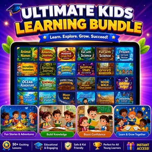 Op de afbeelding: Een digitaal scherm met de titel Ultimate Kids Learning Bundle, voorzien van een raster met educatieve speliconen en vier ge&iuml;llustreerde panelen met kinderen die samen lezen en studeren. De tekst bevat Learn, Explore, Grow, Succeed en 50+ Exciting Lessons.