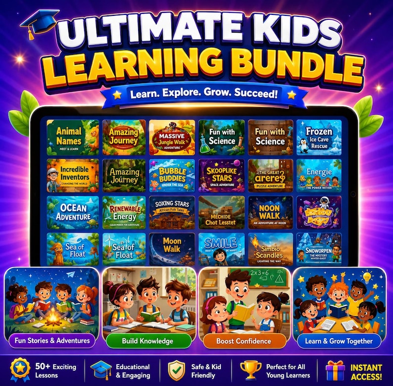 Op de afbeelding: Een digitaal scherm met de titel Ultimate Kids Learning Bundle, voorzien van een raster met educatieve speliconen en vier ge&iuml;llustreerde panelen met kinderen die samen lezen en studeren. De tekst bevat Learn, Explore, Grow, Succeed en 50+ Exciting Lessons.