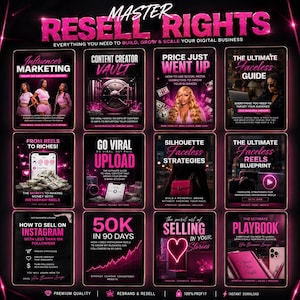 May include: A digital product bundle titled Master Resell Rights featuring twelve rectangular covers with pink and black themes. Each cover displays text and graphics related to social media marketing, content creation, and business growth strategies.