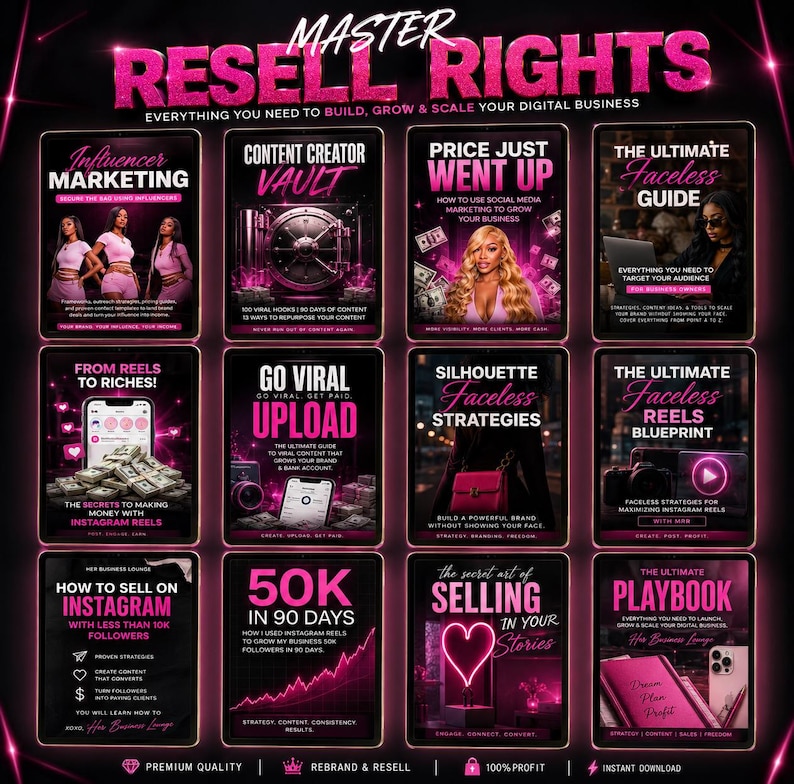 May include: A digital product bundle titled Master Resell Rights featuring twelve rectangular covers with pink and black themes. Each cover displays text and graphics related to social media marketing, content creation, and business growth strategies.