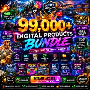 May include: A digital product bundle advertisement featuring the text 99,000+ DIGITAL PRODUCTS BUNDLE. The graphic includes icons for social media, a golden crown, a camera, a dog, a luxury car, and various labels highlighting content categories.
