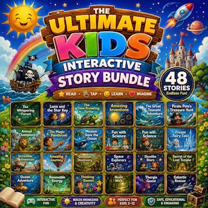 Op de afbeelding: Een digitale productomslag getiteld The Ultimate Kids Interactive Story Bundle met een kleurrijke illustratie van een kasteel, een piratenschip, een raket en een raster van 24 verhaaliconen. De tekst bevat 48 Stories Endless Fun en Read Tap Learn Imagine.