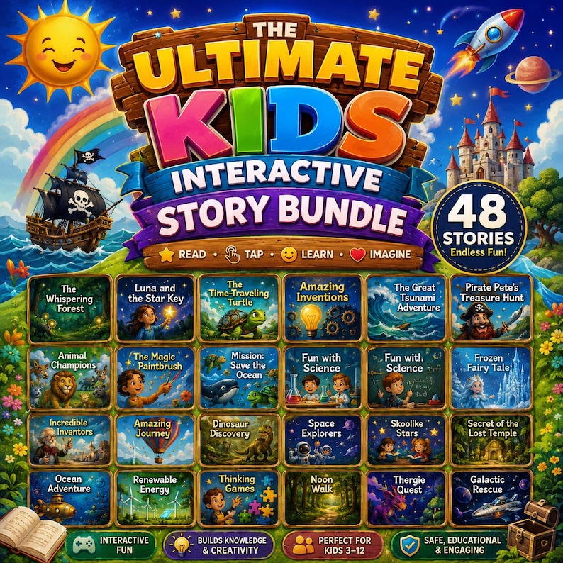 Op de afbeelding: Een digitale productomslag getiteld The Ultimate Kids Interactive Story Bundle met een kleurrijke illustratie van een kasteel, een piratenschip, een raket en een raster van 24 verhaaliconen. De tekst bevat 48 Stories Endless Fun en Read Tap Learn Imagine.