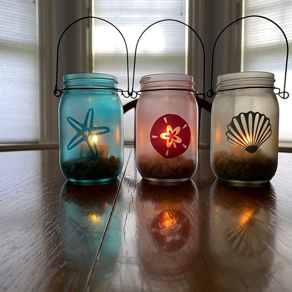 Mason Jar Lights|jar lanterns|mason jar lights|mason jar lighting|shore decor|mason jar beach decor|Mason Jar Light Sea Glass