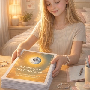 Könnte beinhalten: Ein Tagebuch mit dem Titel "A Journal for the Gifted Soul" mit einem Sonnenstrahl-Design auf dem Einband. Das Tagebuch wird von einer Person gehalten, die ein cremefarbenes Oberteil trägt. Der Text auf dem Einband lautet "Written by Mrs. Kelly Meyers AKA The Hidden Medium."