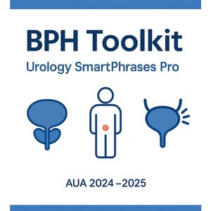 May include: A white background with the text "BPH Toolkit" in dark blue, and "Urology SmartPhrases Pro" in a smaller font. Below are blue medical illustrations and the text "AUA 2024-2025".