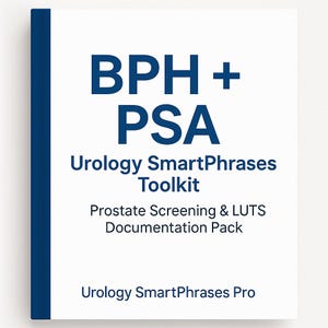 May include: A white book with a dark blue spine and text. The text reads "BPH + PSA" above "Urology SmartPhrases Toolkit" and "Prostate Screening & LUTS Documentation Pack". The bottom text says "Urology SmartPhrases Pro".