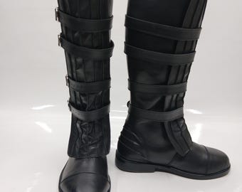 Handmade Black Leather Tall Boots - Buckle Strap Durable Mens Footwear