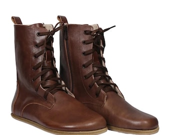 Handmade Wide Toe Box Leather Boots for Women, Zero Drop Barefoot Ankle Boots, Minimalist Lace Up Walking Hiking Shoes