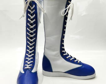 Pro Wrestling Star Boots Handmade Leather Knee High Lace-Up White Custom Made