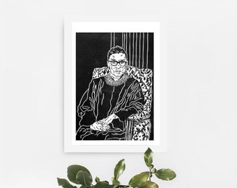 Notorious RBG PRINT - Tirage d’art - Female Power Ruth Bader Ginsburg portrait - Gravure en linogravure originale