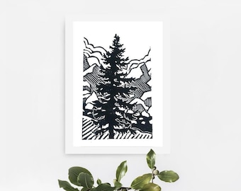 Dream Tree Print- Abstract nature tree portrait design - art print - Original Linocut printmaking