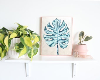 Monstera Leaf Painting- Modern abstract acrylic painting - Navy blue shimmer botanical print art