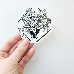 Sticker bloemenvaas - bloemenboeket vaas geometrisch - waterdichte kunststicker - linosnede prentkunst