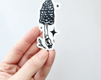 Adesivo de cogumelo Morel - Design Cottagecore - Adesivo de arte à prova d&#39;água - Gravura em linóleo