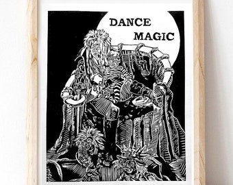 Labrynth Dance Magic print- 90's movie nostalgia art print - Original linocut printmaking