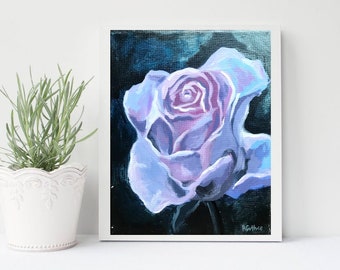Single Rose Painting- Modern abstract acrylic flower painting - Moody stormy and dark rose garden