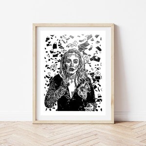 May include: Black and white illustration of a woman with long hair, surrounded by geometric shapes. The woman is looking directly at the viewer.