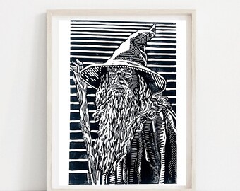 Gandalf Fanart portrait - Lord of the Rings wizard wise guy- Art print - Minimalist Linocut printmaking