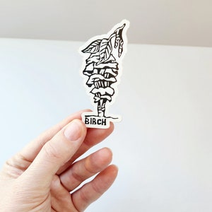 Sticker berkenboom - Cottagecore natuurontwerp buiten - waterdichte kunststicker - linosnede prenten