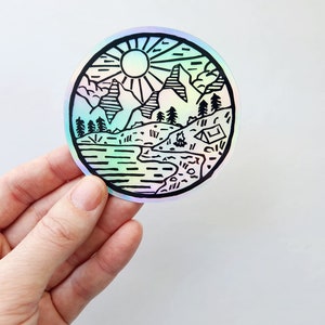 Holographic Dream Sticker - Abstract nature camping scene - Waterproof Waterbottle Art Sticker - Linocut printmaking