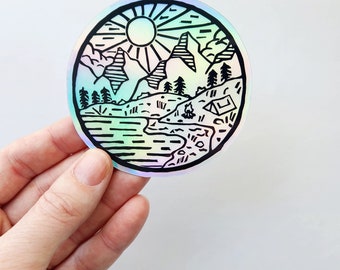Holographic Dream Sticker - Abstract nature camping scene - Waterproof Waterbottle Art Sticker - Linocut printmaking