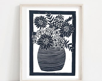 Simplicity Vase Print - Floral abstract modern simple flower vase - Art print - Original Linocut printmaking
