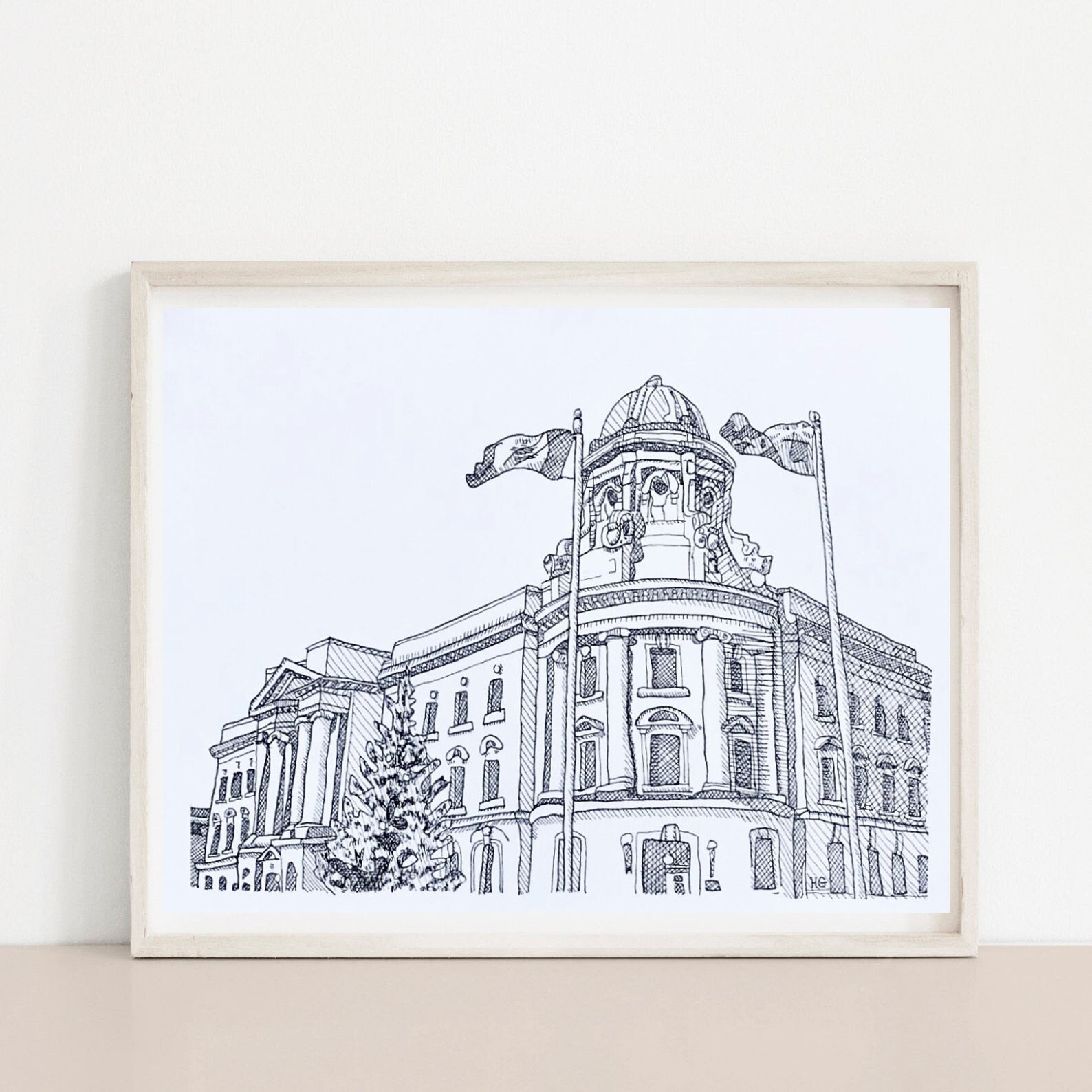 Impressão de Winnipeg Court House - Arquitetura mínima de edifício moderno - Impressão artística - Impressão de reprodução de ilustração de desenho