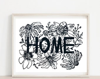 Floral Home Print- Flower Calligraphy font design art block print - Original minimalism linocut printmaking