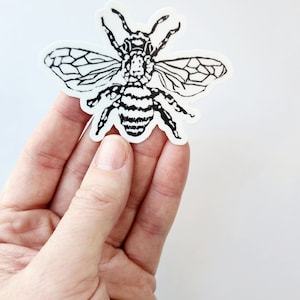 May include: A black and white bee sticker with detailed wing and body patterns. The sticker is held in a hand against a white background. The bee's body has black stripes, and the wings have a delicate, web-like design.